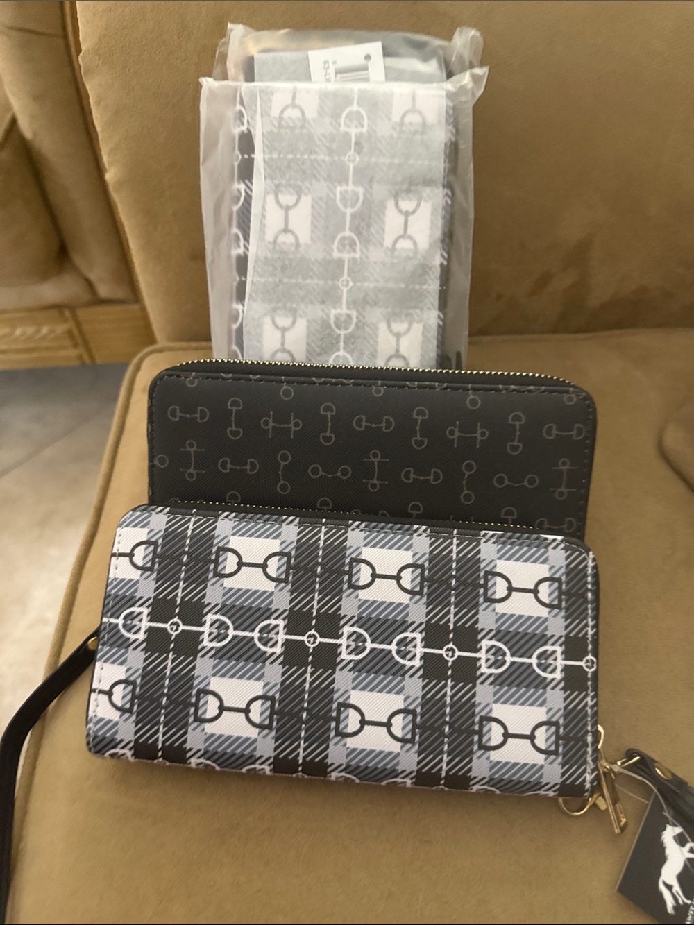 Black & White Plaid Zip Wallet with Bit Print and brown print zip wallet